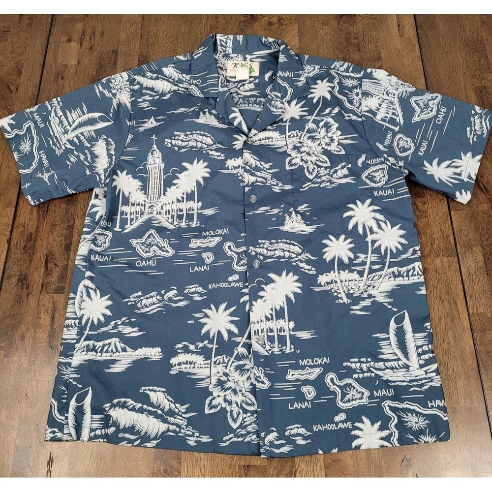 VTG KY'S Hawaiian Shirt Mens L Blue White Island Map Print Aloha Made In Hawaii